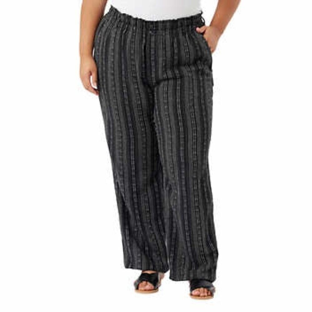 Briggs Womens Black White Striped Linen Blend Adjustable Elastic Waist Pants XXL - Picture 2 of 6
